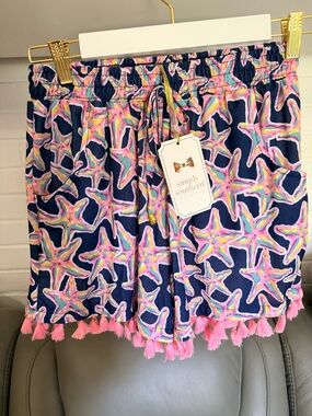Simply Southern Navy Starfish Print Fringe Shorts - Pink/Navy NWT Sz. S/M
